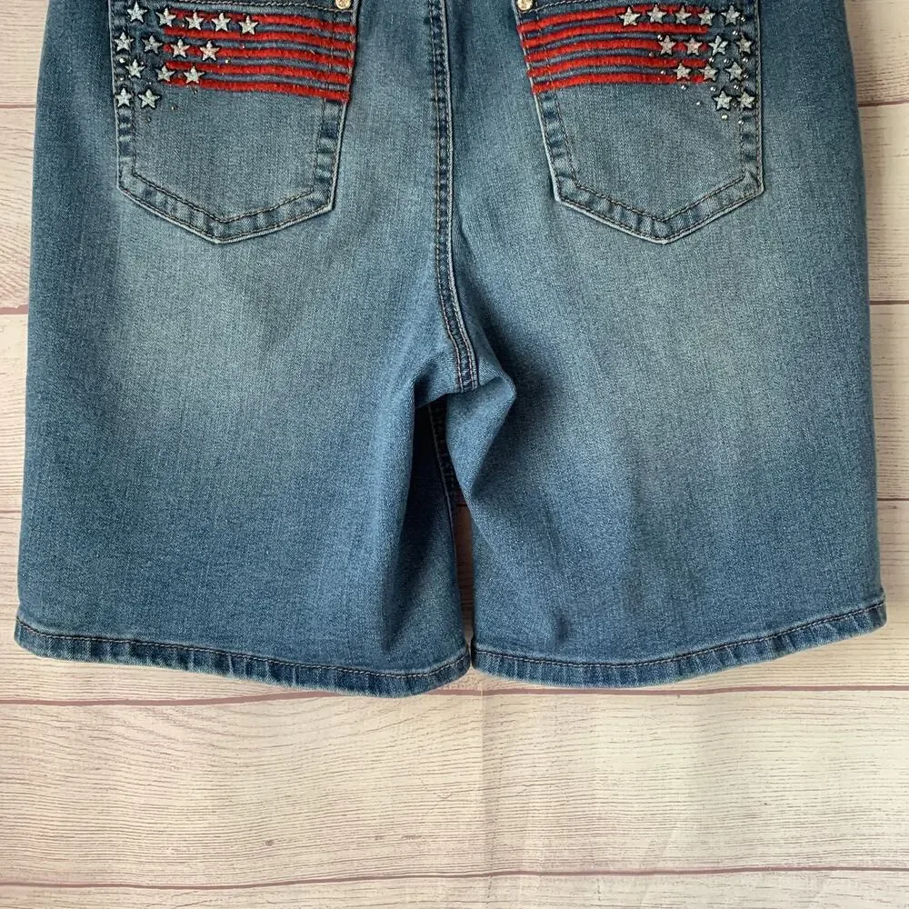 Earl Jeans Bermuda Denim Jean Shorts Patriotic Flag Embellishments Size 12